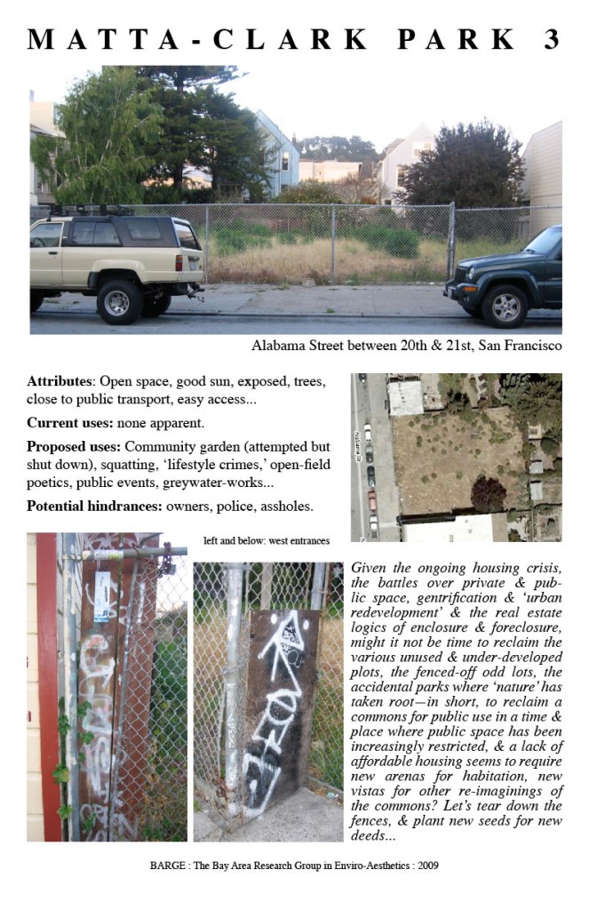 Sample poster indicating a park site with a photo of a disused lot with overgrown weeds on Alabama Street between 20th and 21st Street, with text on attributes, current uses, proposed uses, potential hindrances, and various photos.